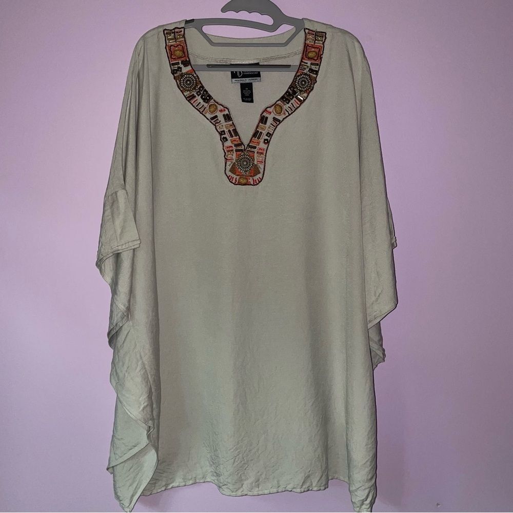 Added Dimensions XL Poncho Linen Blend Longline Beaded V Neck Blouse